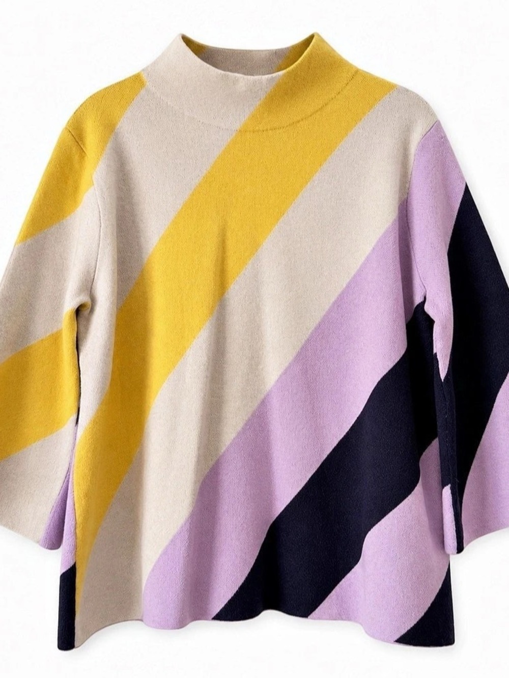 FATE Color Block Mock Neck Sweater L Yellow Lilac Navy Bell Sleeve